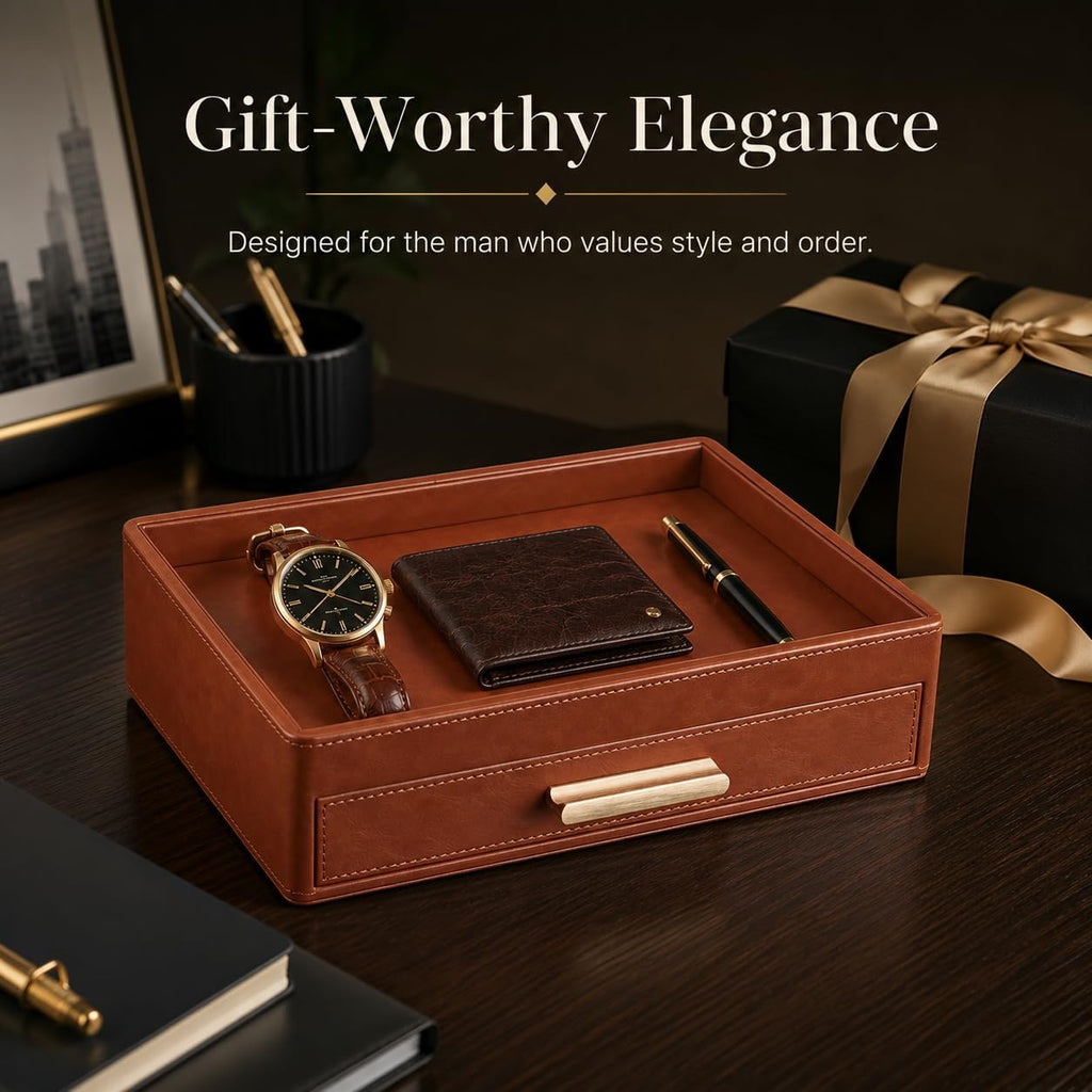 Leather Valet Tray with Drawer for Men, Nightstand Organizer, Brown