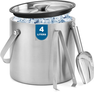 4L Stainless Steel Ice Bucket for Parties Double wall with Lid,Scoop& Tongs