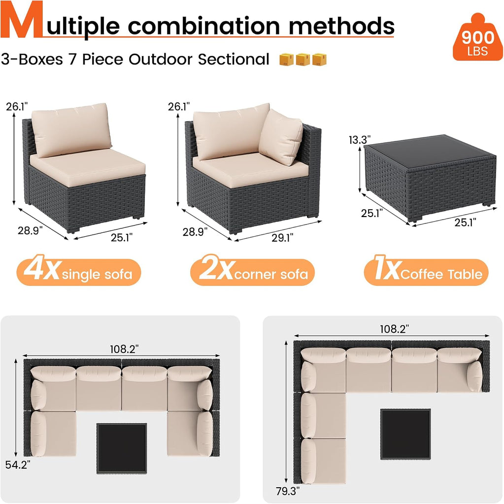 Patio Furniture Set, 7-Piece Outdoor Sectional All-Weather Wicker Patio Conversation Set for Backyard (Navy Blue