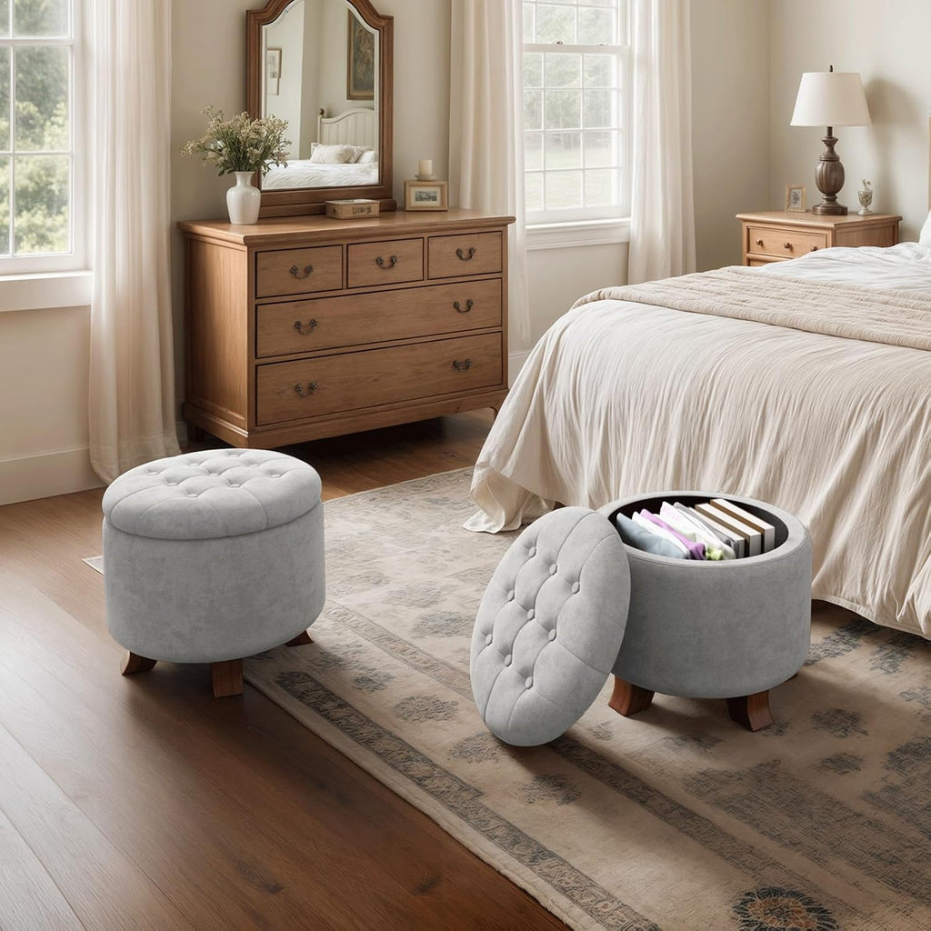 Round Storage Ottoman, 20 Dia. x 17 H Inches, Light Gray | Linen Fabric Tufted Upholstered Ottoman with Legs &