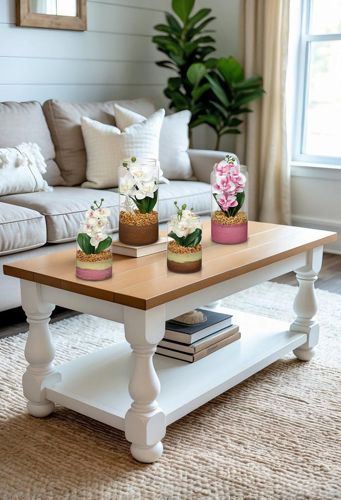 White Orchids Artificial Flowers with Vase, Small Faux Orchid Arrangement Fake Orchids Plant in Terrarium Jar Small