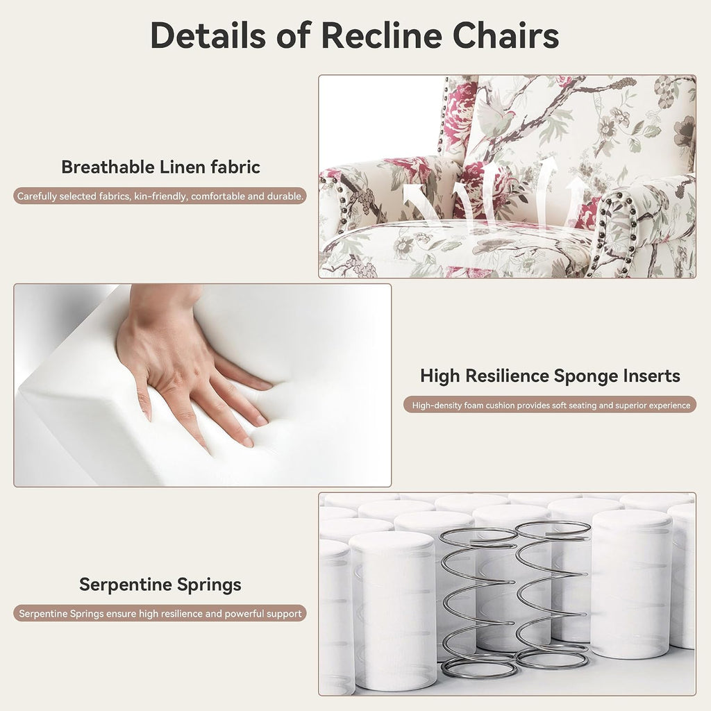 Pushback Recliner Chair, Floral Fabric Wingback Recliner Chair, Upholstered Rivet Trim Armchair Push Back Recliner