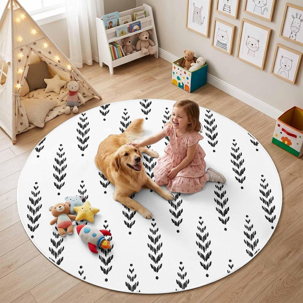 Modern Scandi Botanical Leaves 3ft Round Rug,Washable Area Rugs Minimalist Black Leaf on White Soft Circle Indoor