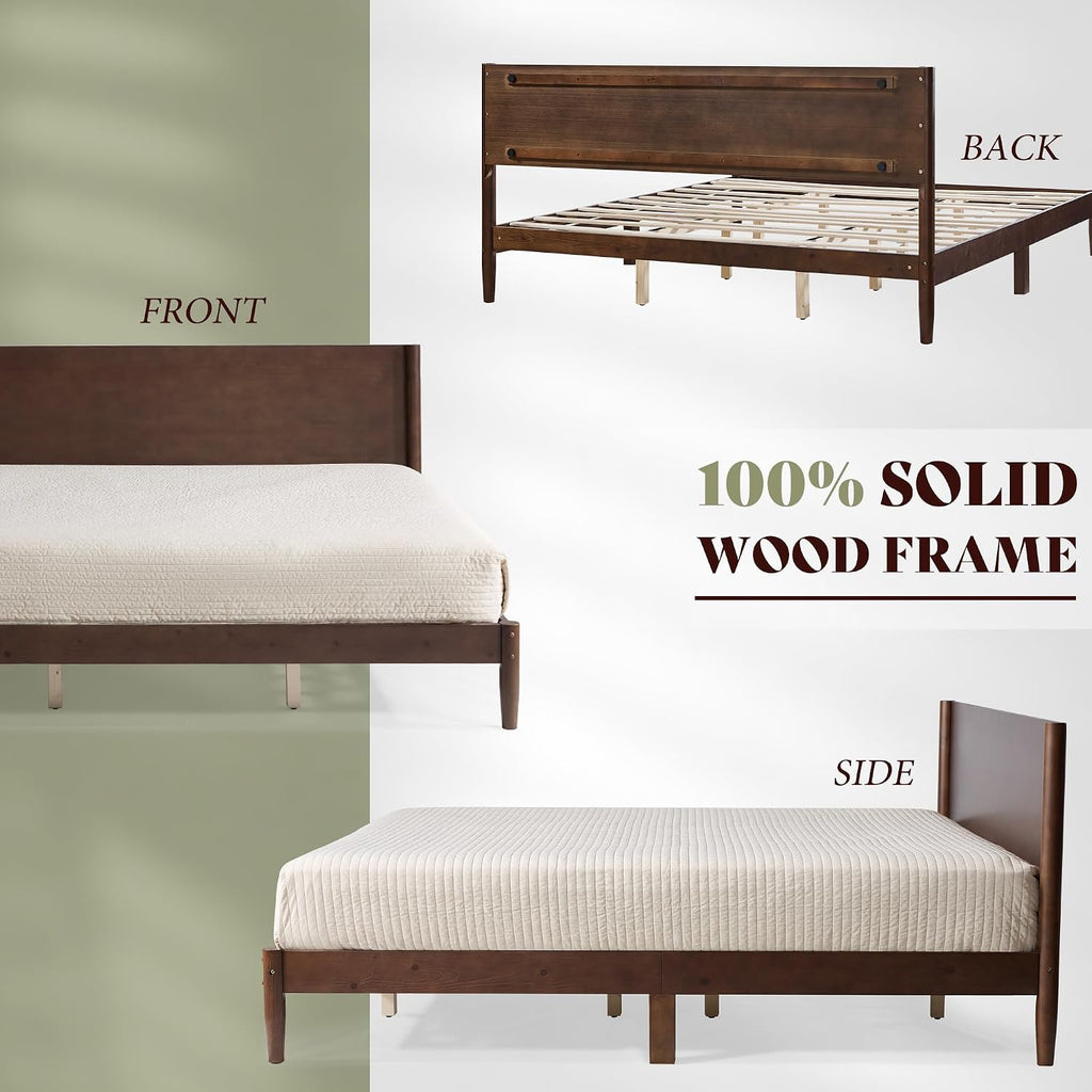 Solid Wood Queen Bed Frame, Mid Century Modern Platform Bed with Full Panel Headboard, Wooden Bed with Cylindrical