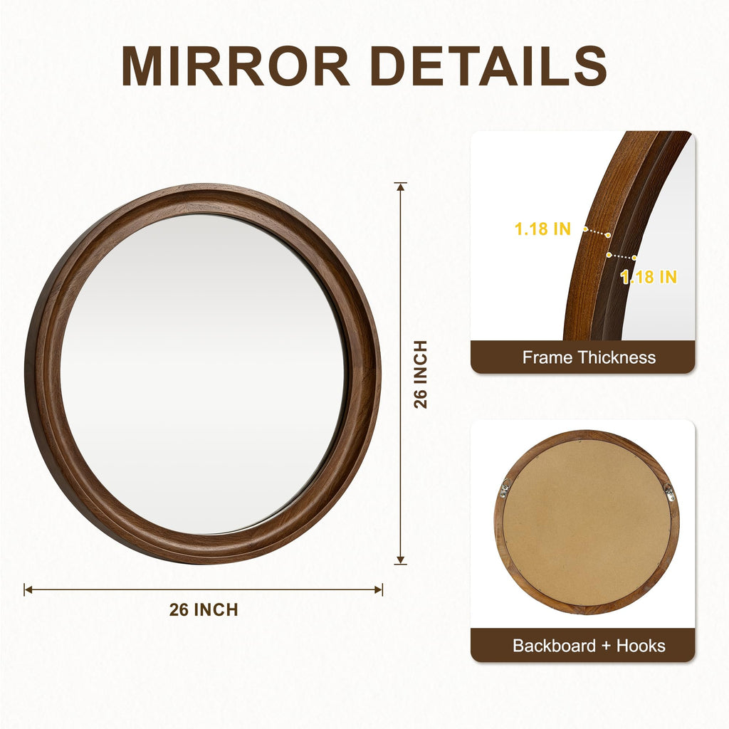 Round Wood Mirror, 26" Circle Mirror with Wooden Frame, Walnut Brown