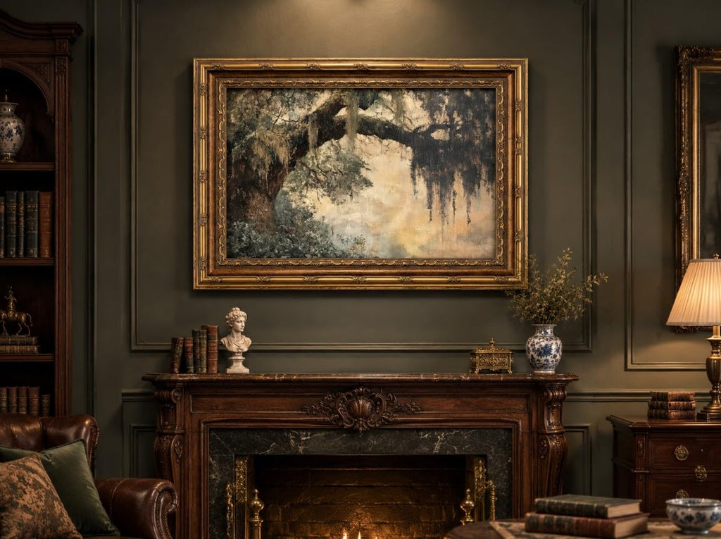 Vintage Gold Framed Vintage Oak Tree Wall Art Retro Landscape Canvas Wall Decor Oak Tree Moss Artwork Picture Retro