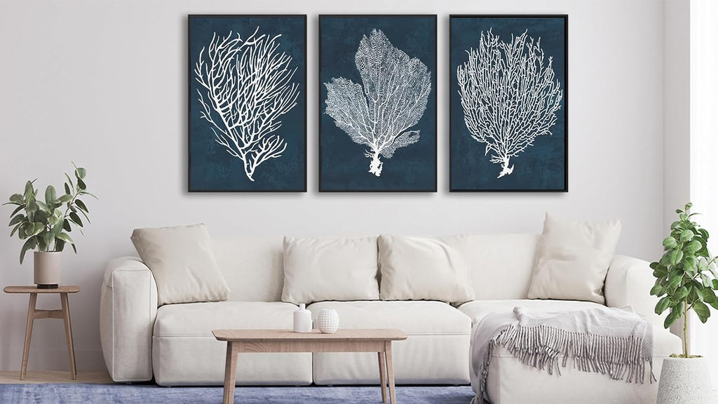 Large Framed Coral Wall Art - Navy Blue Coastal Wall Decor Painting Set of 3 Minimalist Beach Wall Art Prints