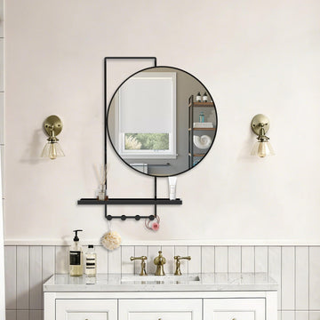 21" Round Black Metal Wall Mirror with Shelf and Hooks, Decorative