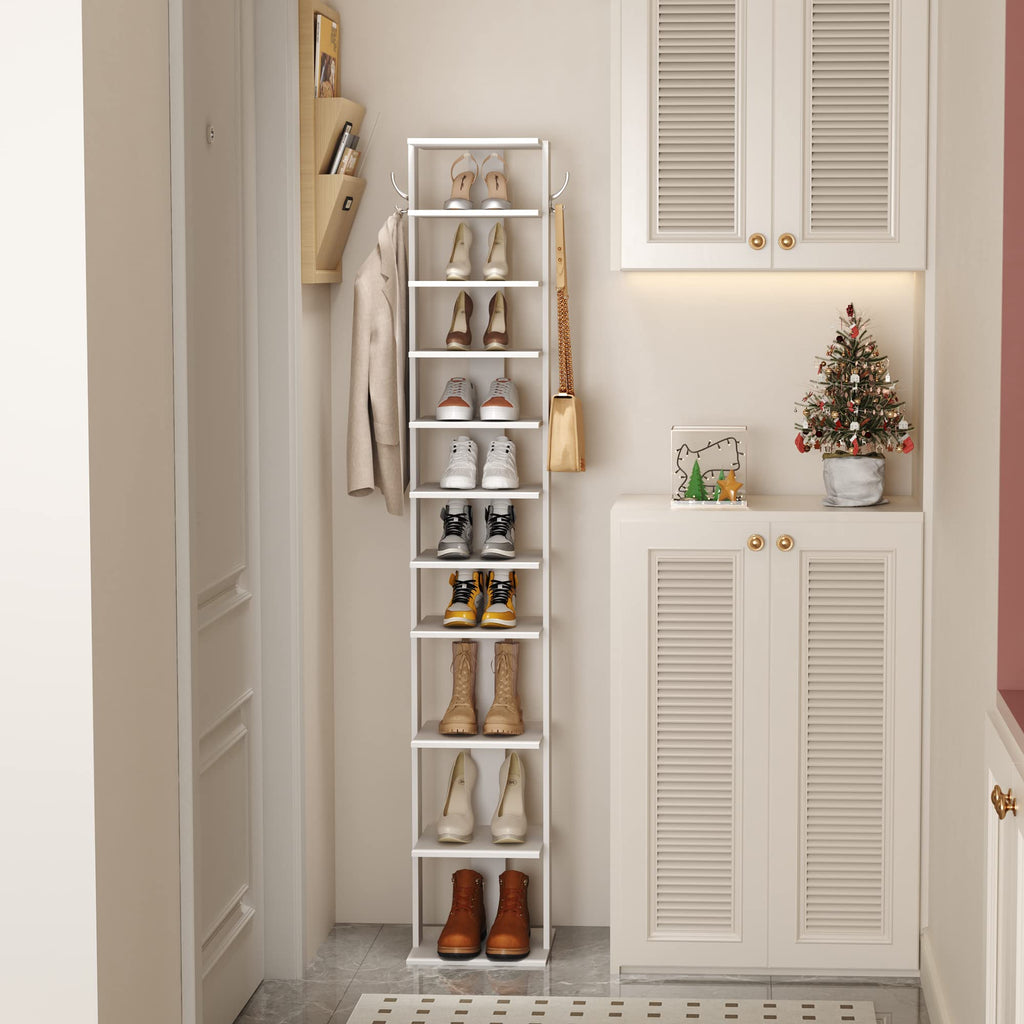 10-Tier Vertical Shoe Rack, Corner Shoe Tower, Slim Shoe Organizer with Two Hanging Hooks, Wooden Shoe Storage Stand