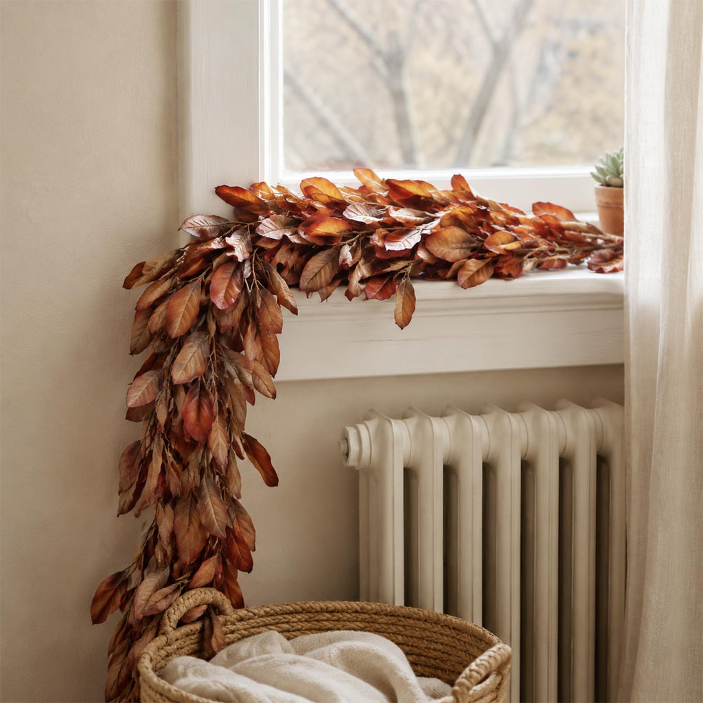 6 FT Artificial Fall Magnolia Leaf Garland for Fireplace Decoration(Orange)