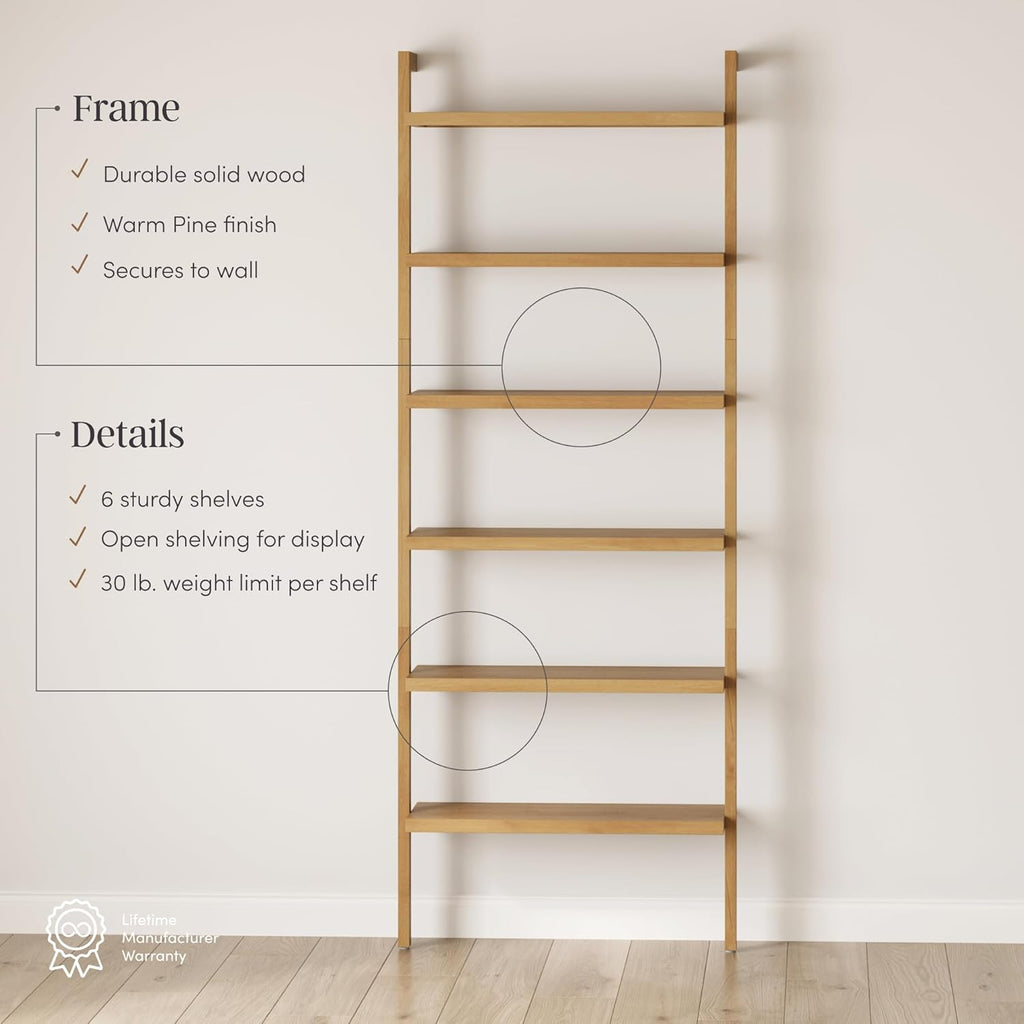 Beacon Scandinavian 6-Shelf Wooden Wall Mounted Bookcase, Rustic Solid Wood Bookshelf, Warm Pine