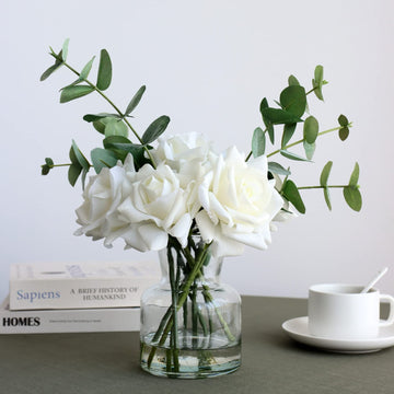 Fake Flowers in Vase, White Artificial Rose Arrangement with Faux Water