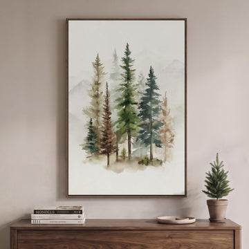 Framed Farmhouse Watercolor Pine Tree Forest Vertical Wall Art, 24x36 In