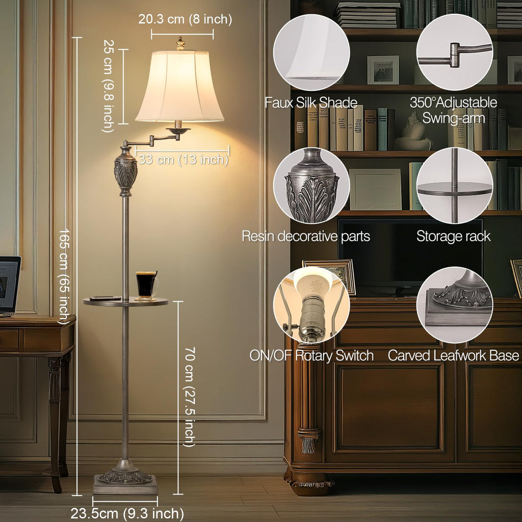 Traditional Floor Lamp with Tray, Remote Dimmable,350° Swing Arm and Silver