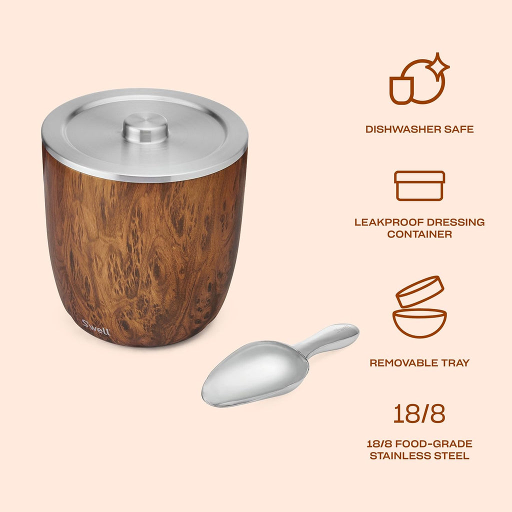 Stainless Steel Ice Bucket XL, 100oz, Teakwood, Includes Lid And Scoop, Triple Layered Vacuum Insulated Container