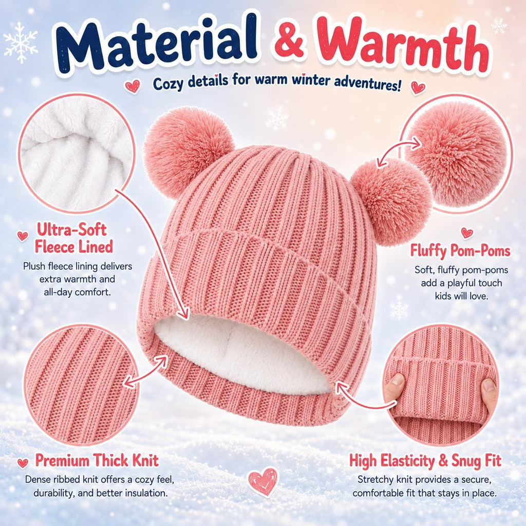 Kids Winter Hat Gloves Scarf Set, Double Pom Beanie Warmer Mittens Fleece Lined Piece Set for Boys Girls