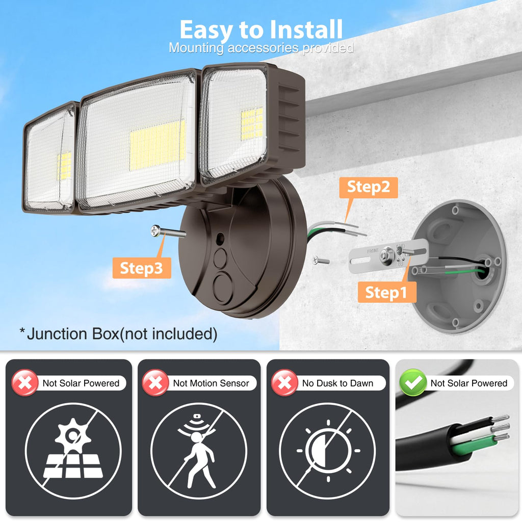 Flood Lights Outdoor, Brightness Security LED Flood Lights with 3 Adjustable Heads, Switch Controlled