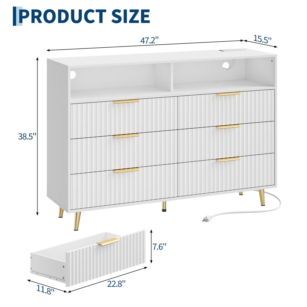47.2 W 6 Drawer Dresser with LED and Charging Station, White