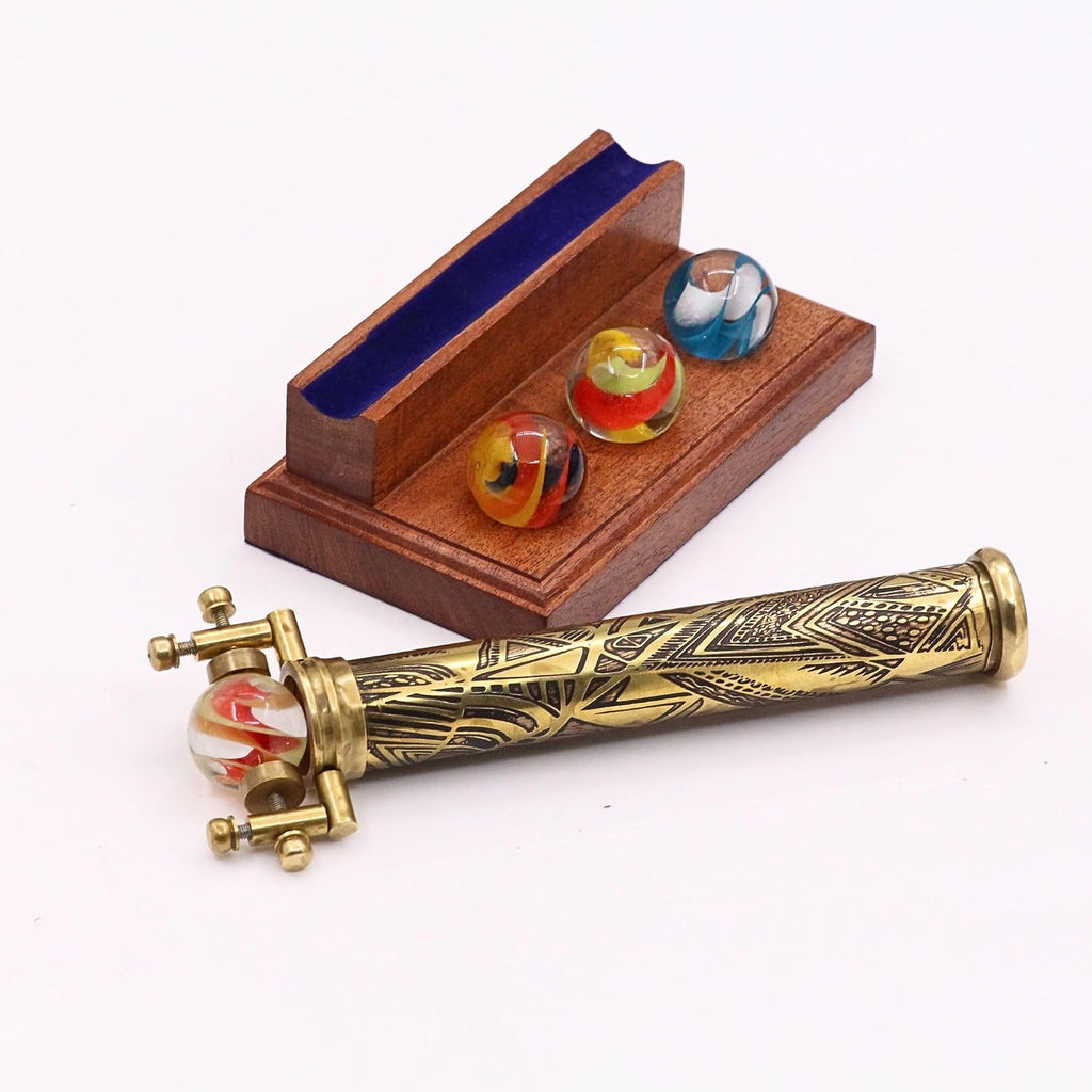 Brass Kaleidoscope | Vintage Antique Etched Brass Design | Interchangeable Marble Scope | Includes Wooden Display