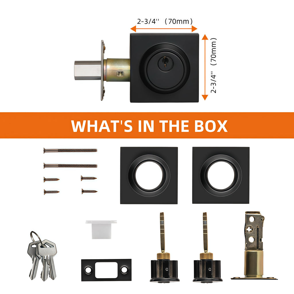Matte Black Square Double Cylinder Deadbolt, keyed 2 Sides