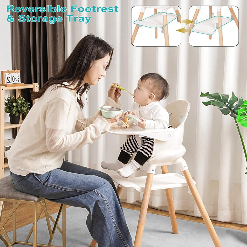 High Chair, 6 in 1 Wooden Convertible High Chairs for Babies and Toddlers, Booster Seat with Double Tray & Reversible