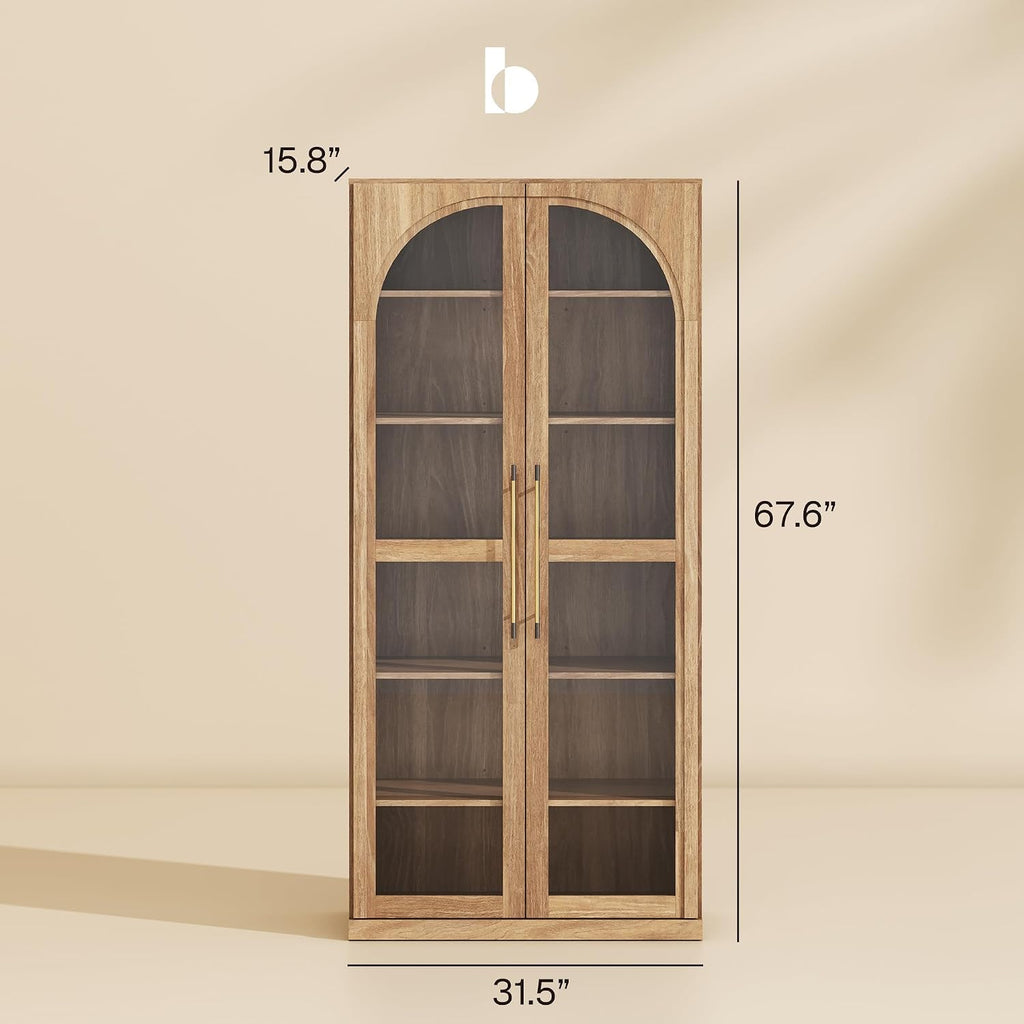 Modern Wood Wine Curio Cabinets with 4 Adjustable Shelves, 67" Storage Cabinet, 6 Shelf Glass Bookshelf Display