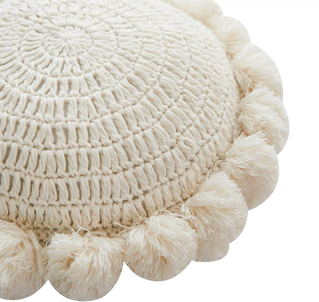 Boho Round Throw Pillow with Cute Handmade Pom Poms Tassels 18 Inch, Decorative Circular Knitted Crochet Cushion for