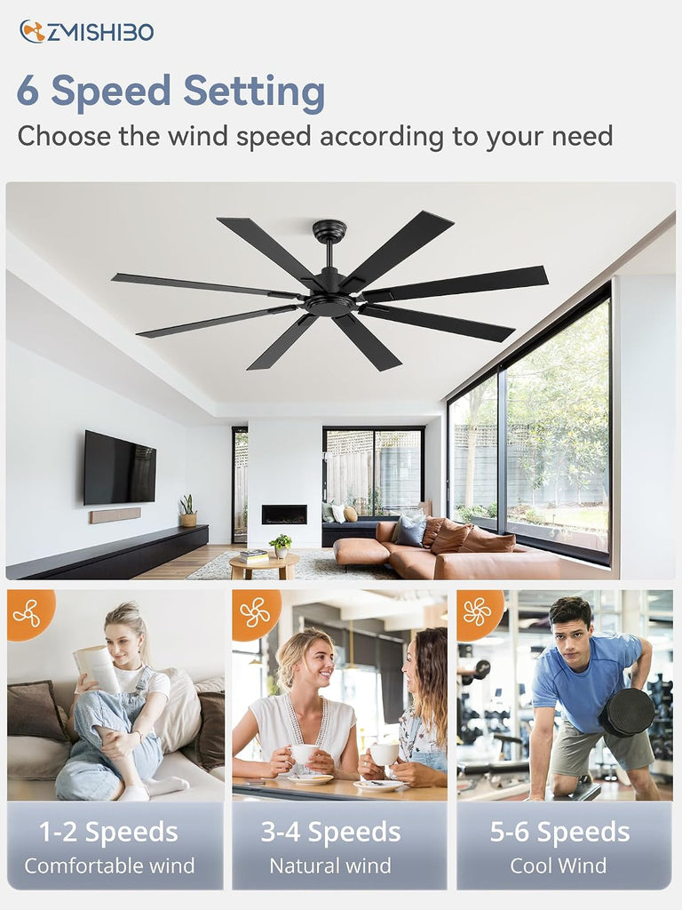 72 Inch Ceiling Fan No Light with Remote Control, 8 Blades