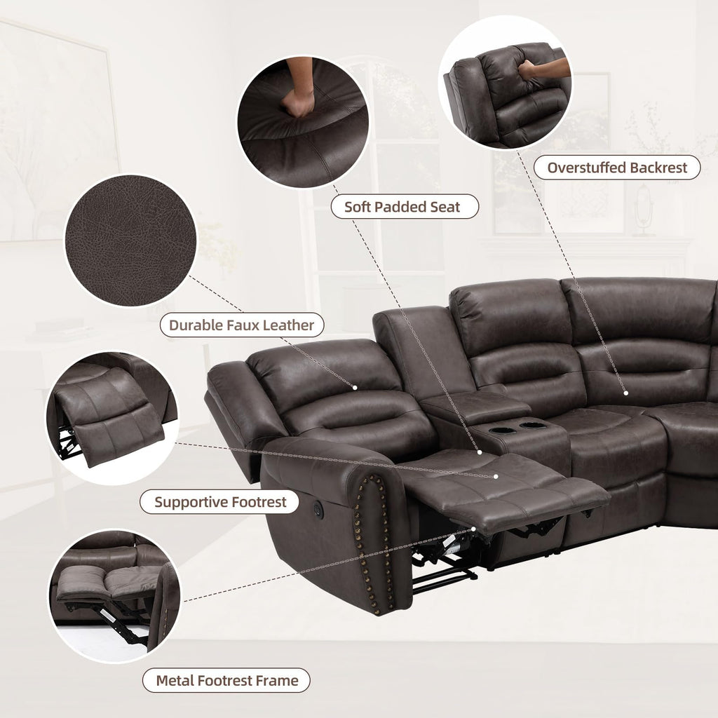 L-Shaped Power Reclining Sectional Sofa Set, Faux Leather Corner Couch Home Furniture Set with Storage Console, Cup