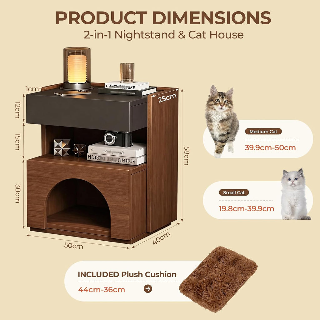 Cat House Nightstand, 2-in-1 Modern End Table with Hidden Cat Condo, Storage Drawer & Open Shelf, Wooden Pet