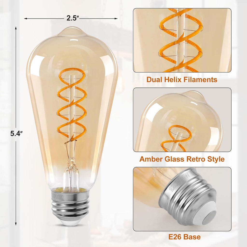E26 Edison Light Bulbs, St64 Amber Glass Vintage 4w Led Lightbulbs, 3-Pack