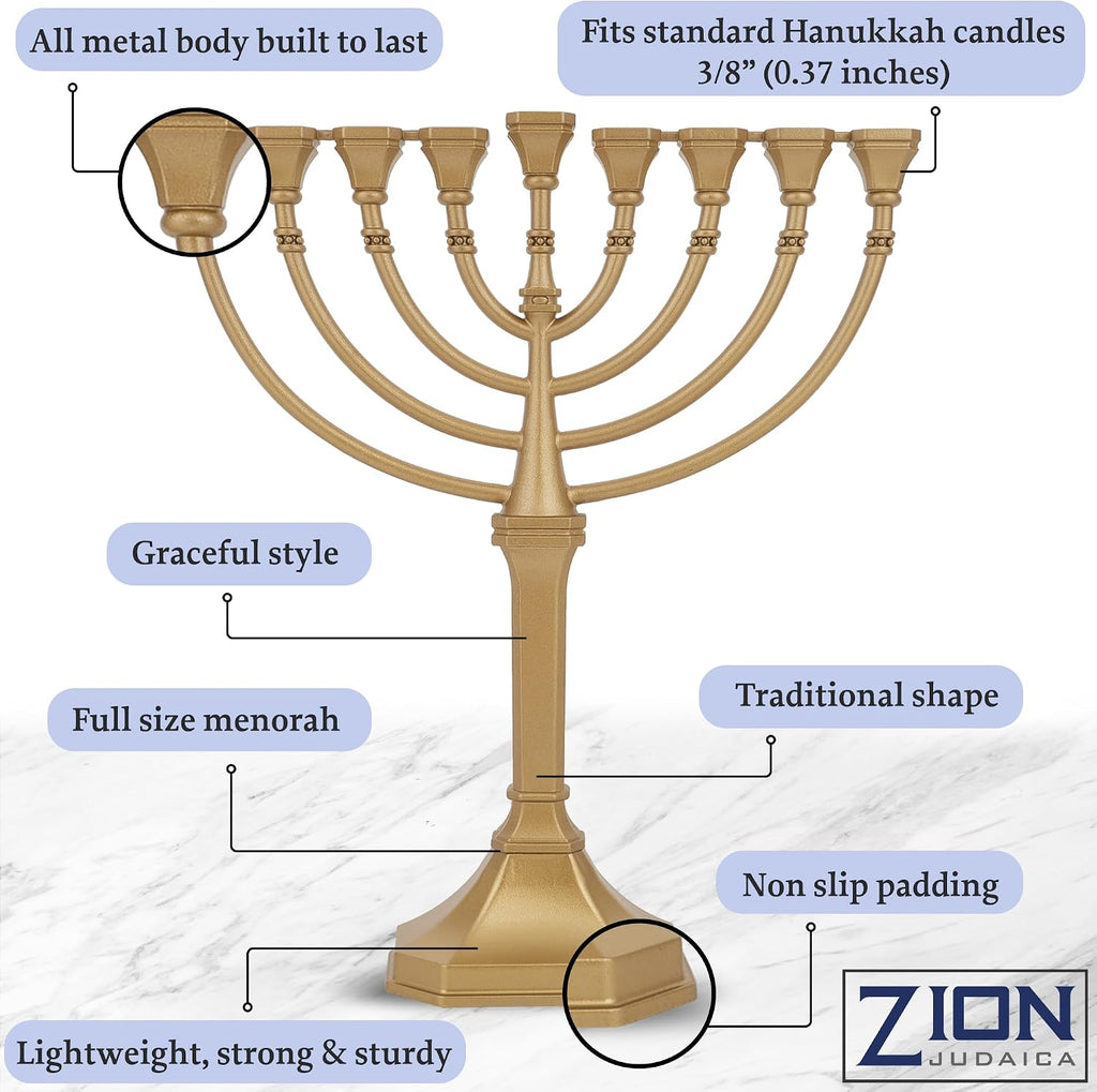 Traditional Graceful Style 9.5" Tall Non Tarnish - Precision Die Cast Classic Chanukah Candle Menora (Satin Gold)