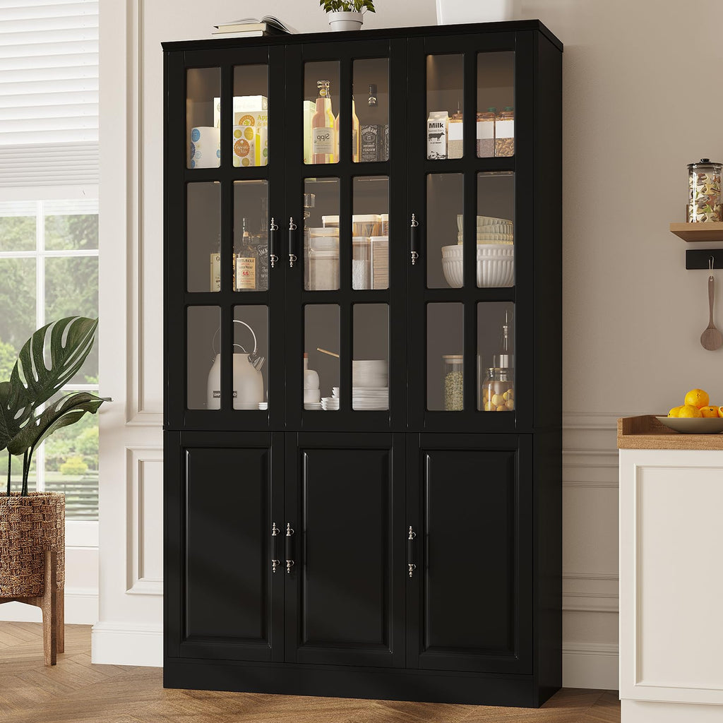 78.7" Kitchen Pantry Storage Cabinet with LED Lights, Tall Pantry Cabinet with Glass Doors, Kitchen Hutch Utility