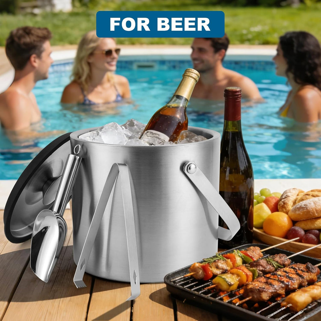 Ice Bucket, 4L Double Wall Insulated Ice Bucket with Lid,Scoop,Tongs- Inner Layer 304 Stainless Steel Ice Container