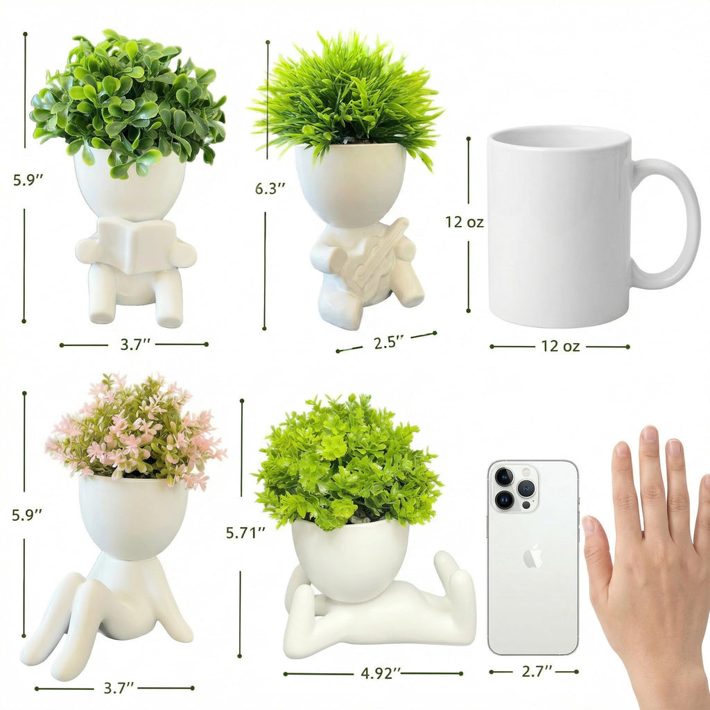4 Packs Creative Small Fake Plants Artificial Succulents in Ceramic Human Shaped Pots Cute Office Plants For Desk