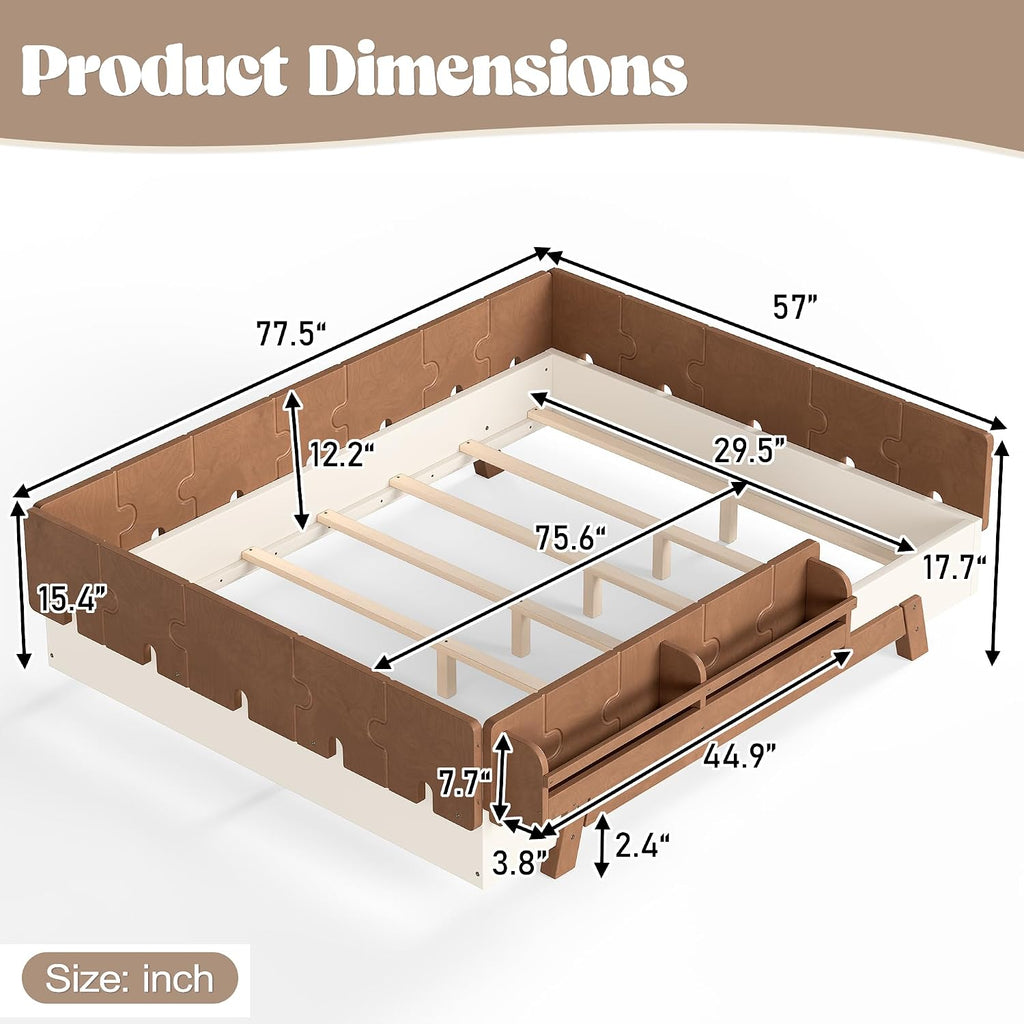 Montessori Floor Bed with high 15.4' Rails, Wood Floor Bed with slats and a Bookshelf, Beige & Deep Natural