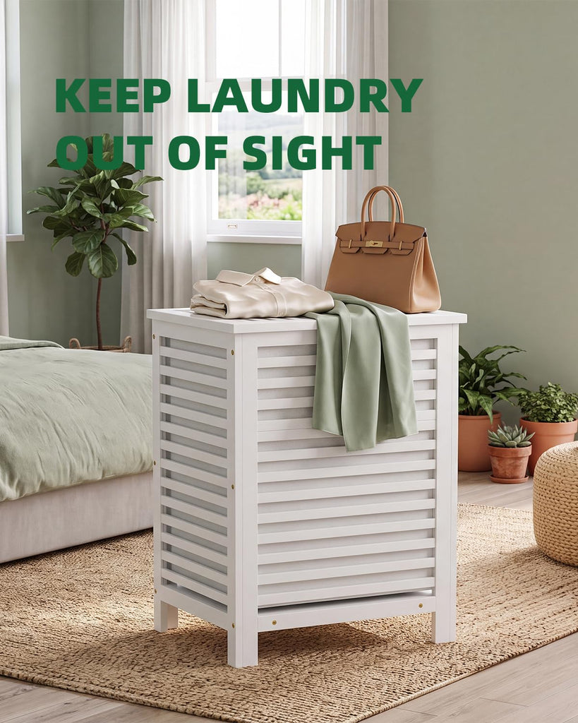 Double Laundry Hamper with Lid, 120L Bamboo Laundry Basket with Removable Liner Bag, 2-Section Clothes Divider