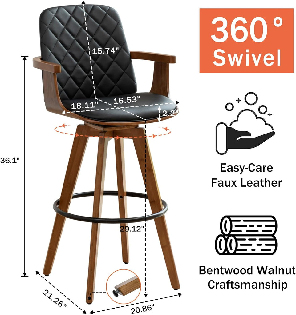 Set of 2 Bar Height Bar Stools - 29.12 inch Swivel Bar Stools with Curved Back and Arms, Walnut Craftsmanship