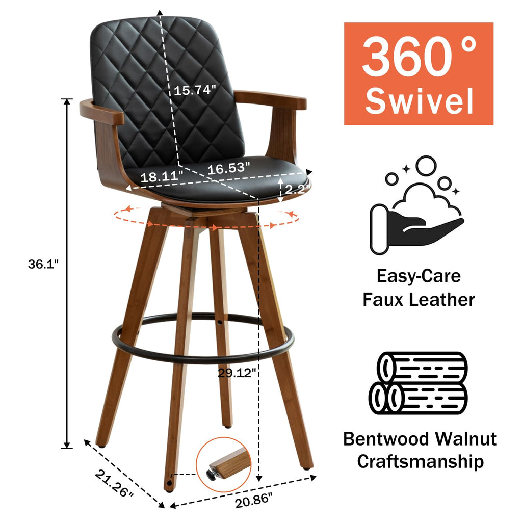 Mid Century Bar Stools, 30 inch Swivel Bar Stools with Curved Back and Arms
