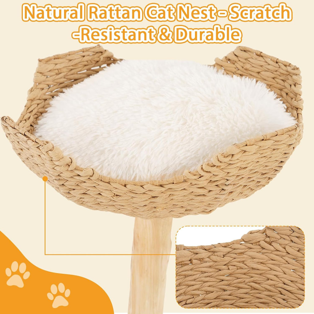 Natural Modern Cat Tree Tower - Wooden Cat Condo with Dangling Ball, Cozy Baskets, Scratching Posts, for Large Indoor