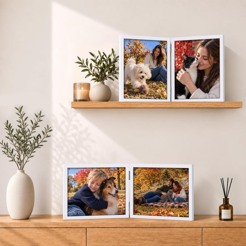 8x10 Double Picture Frames, Hinged Frame with Tempered Glass