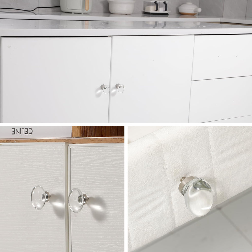 8 Pack Glass Cabinet Knobs and Pulls, Oval Crystal Knobs for Dresser Drawers, Brushed Nickel Kitchen Cabinet Knobs