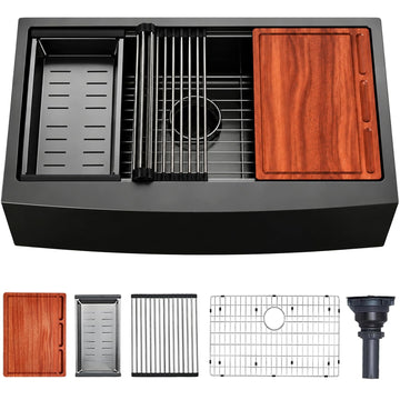 33 Inch Black Farmhouse Kitchen Sink, 33x20x9 Inches Stainless Steel Undermount 16 Gauge Deep Single Bowl Apron Front