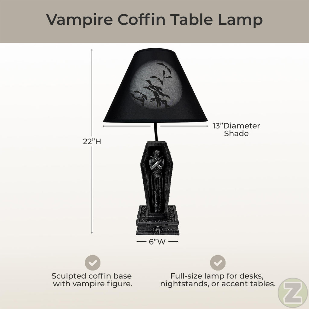 Vampire Coffin Table Lamp, 22 Inch Black Gothic Resin