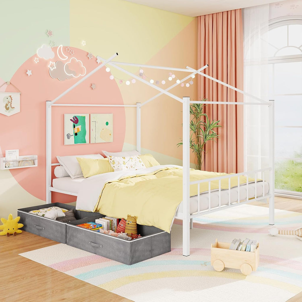 Full Size House Bed with 2 Storage Drawers, Metal Montessori Bed Frame with Headboard & Footboard, Full House Beds