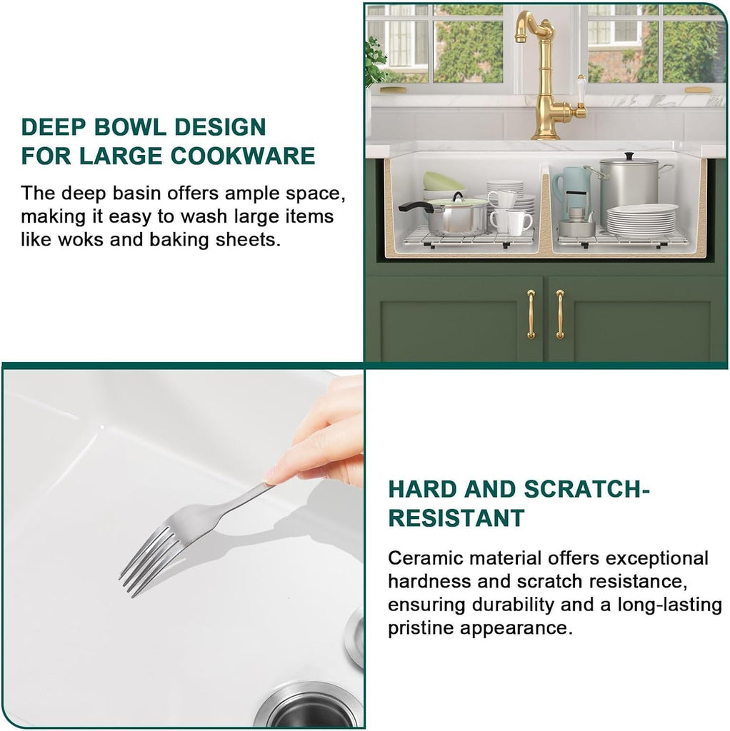 33x20 White Farm Sink Workstation, Double Bowl Reversible Fireclay Apron Front Farmhouse Sink Ceramic Porcelain