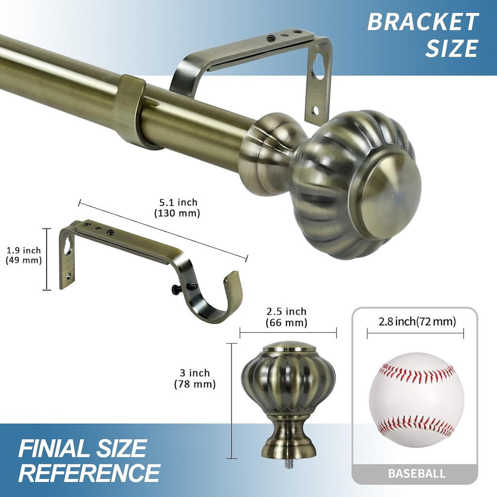 1-inch Diameter Doorknob Adjustable Single Drapery Curtain Rod, 48-inch to 84-inch, Antique Brass