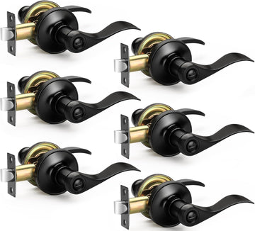 6 Pack Matte Black Door Handles Privacy Door Levers, Heavy Duty Wave Style Bed/Bath Door Locks Interior Door Knobs