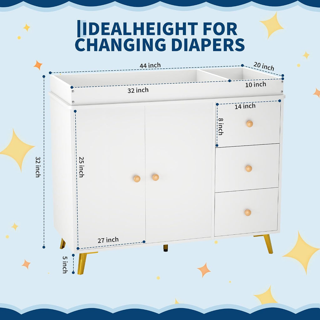 Baby Changing Table, White Wooden Dresser with 3 Drawers and Cabinet | Diaper Station with Waterproof Changing Pad