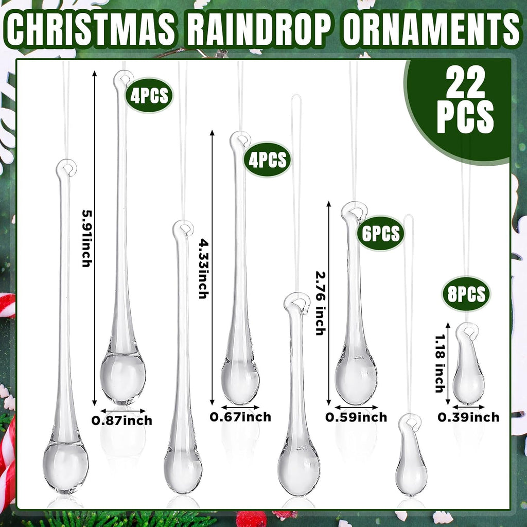 Clear Glass Teardrop Christmas Ornaments,4 Medium Size - Set of 22